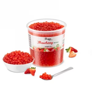 Perles de fruit saveur fraise de Polycafe : Seau de 3.2 kg, idéal pour 44 boissons de 500 ml. Un ajout fruité irrésistible à vos créations de boissons.